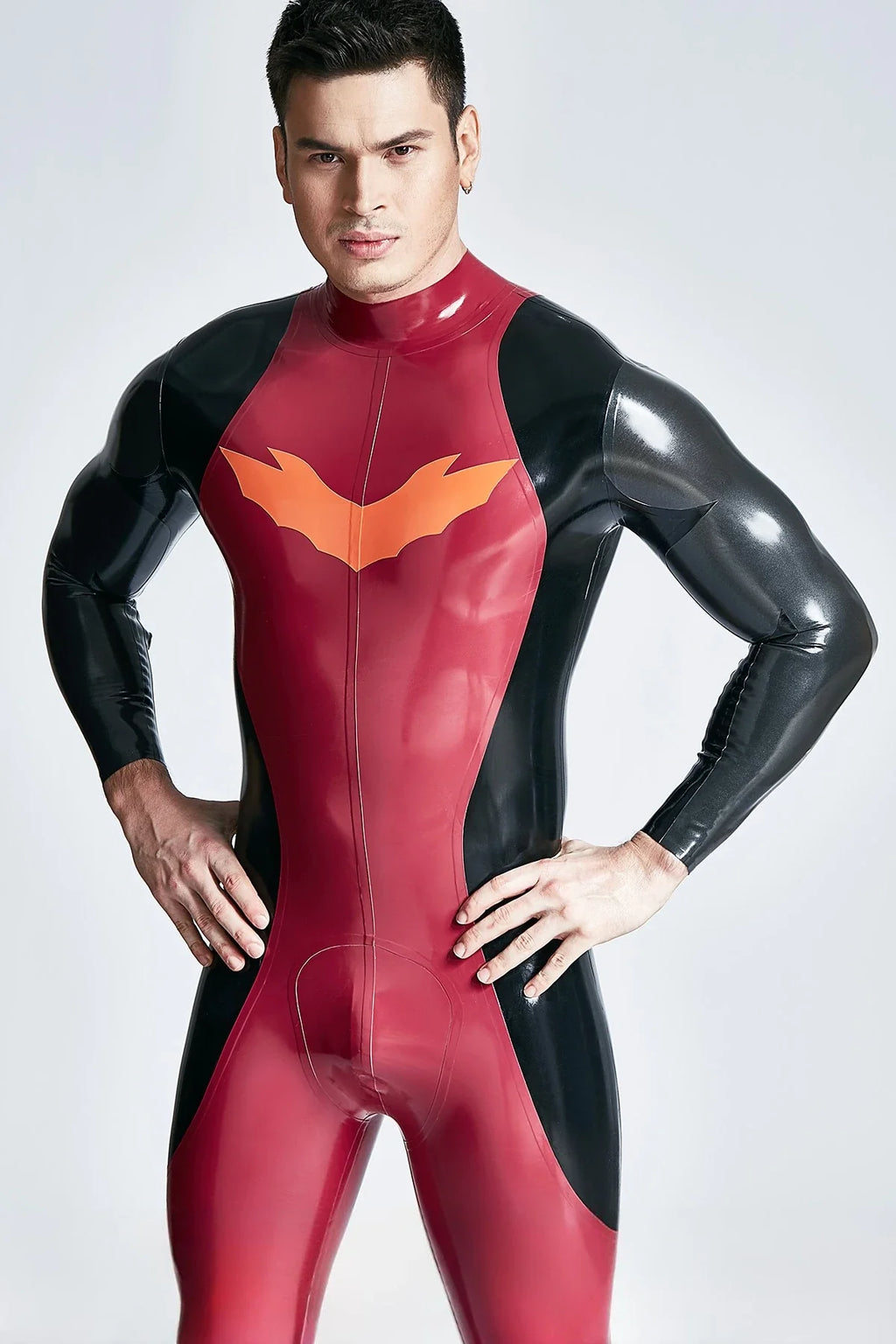 Metallic Red Black Pewter Orange Winged-Chest Back-Zip Latex Catsuit