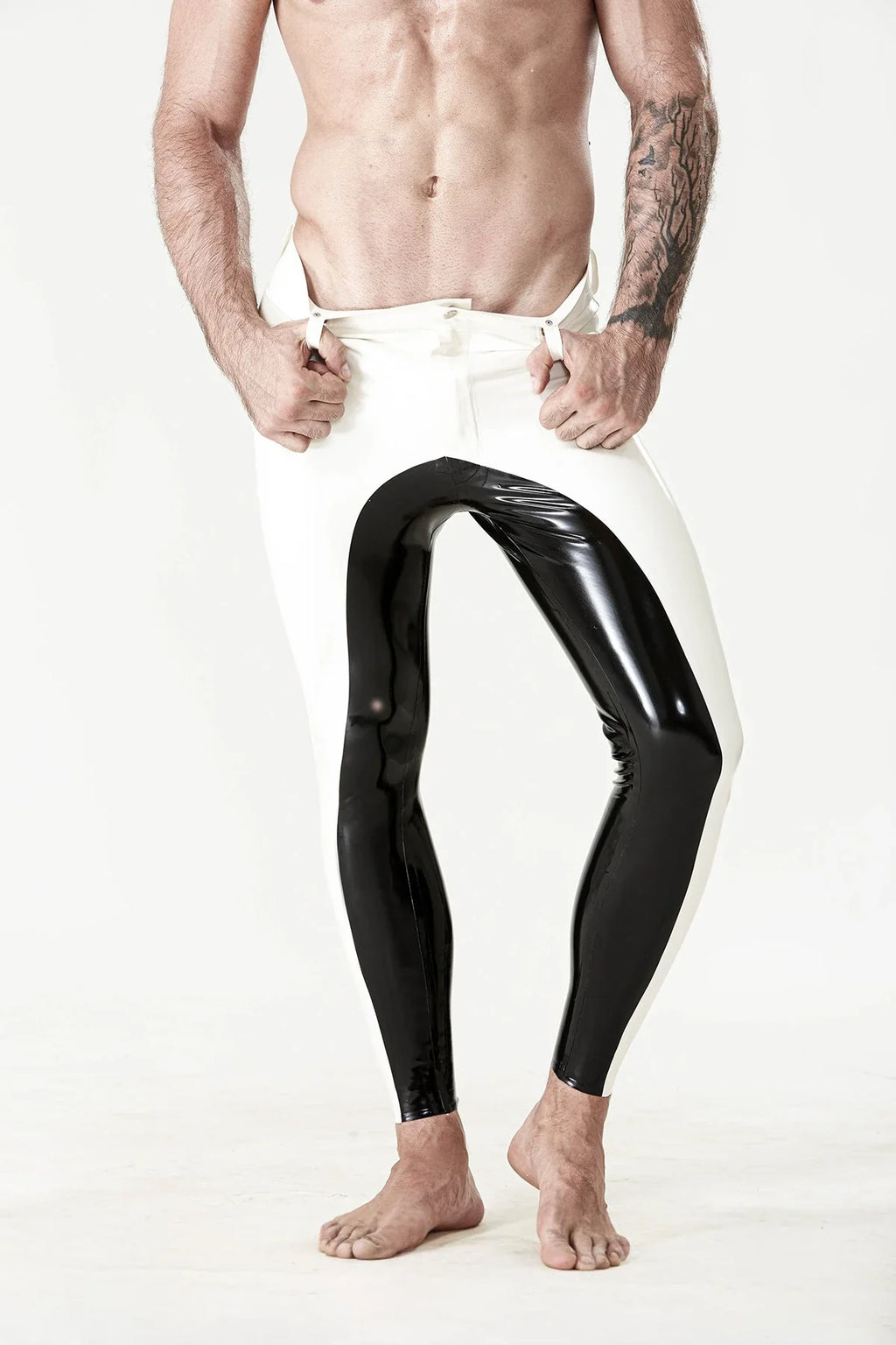 Pure White & Black 'Yin-Yang' Belted Front-Zip Latex Leggings
