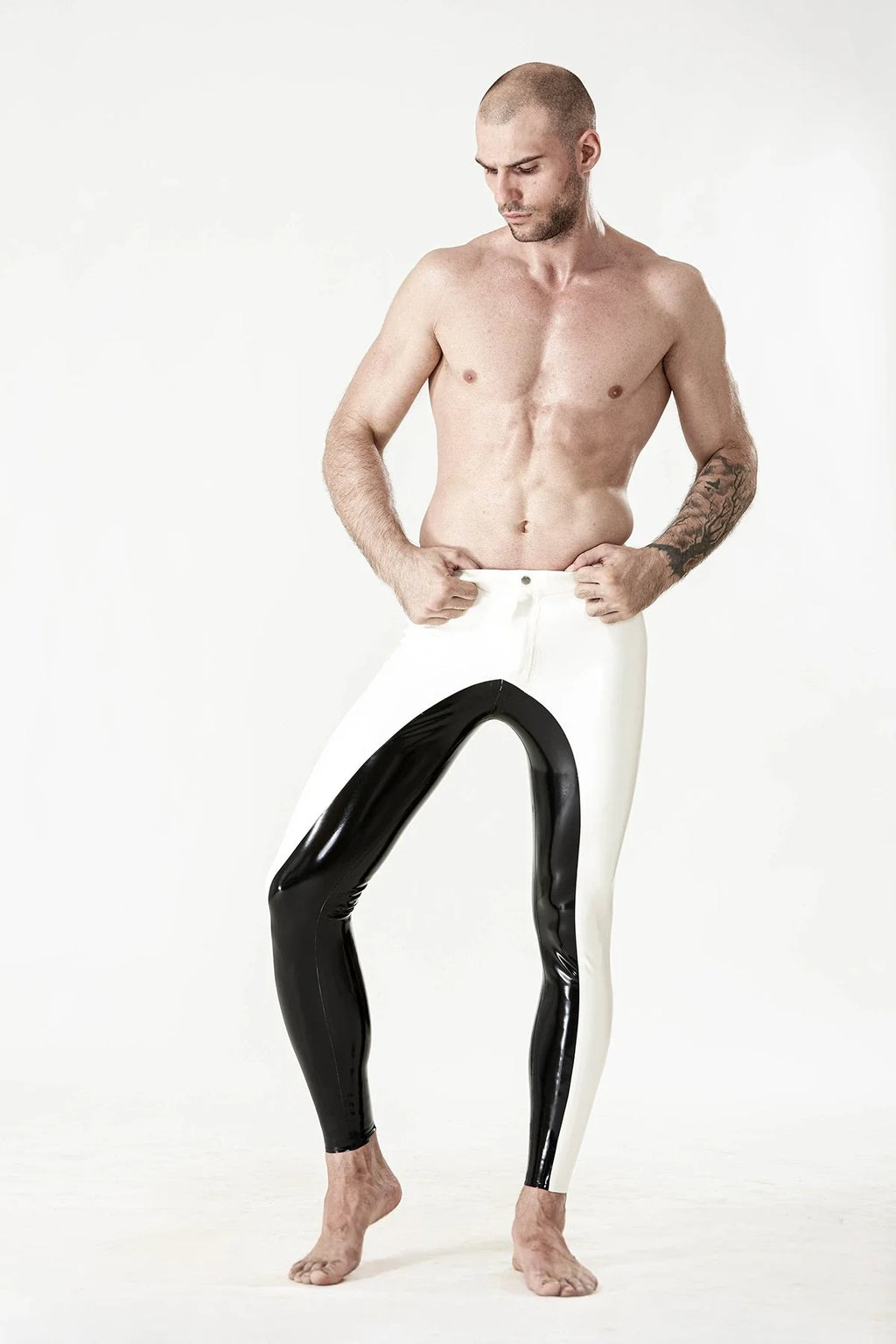 Pure White & Black 'Yin-Yang' Belted Front-Zip Latex Leggings