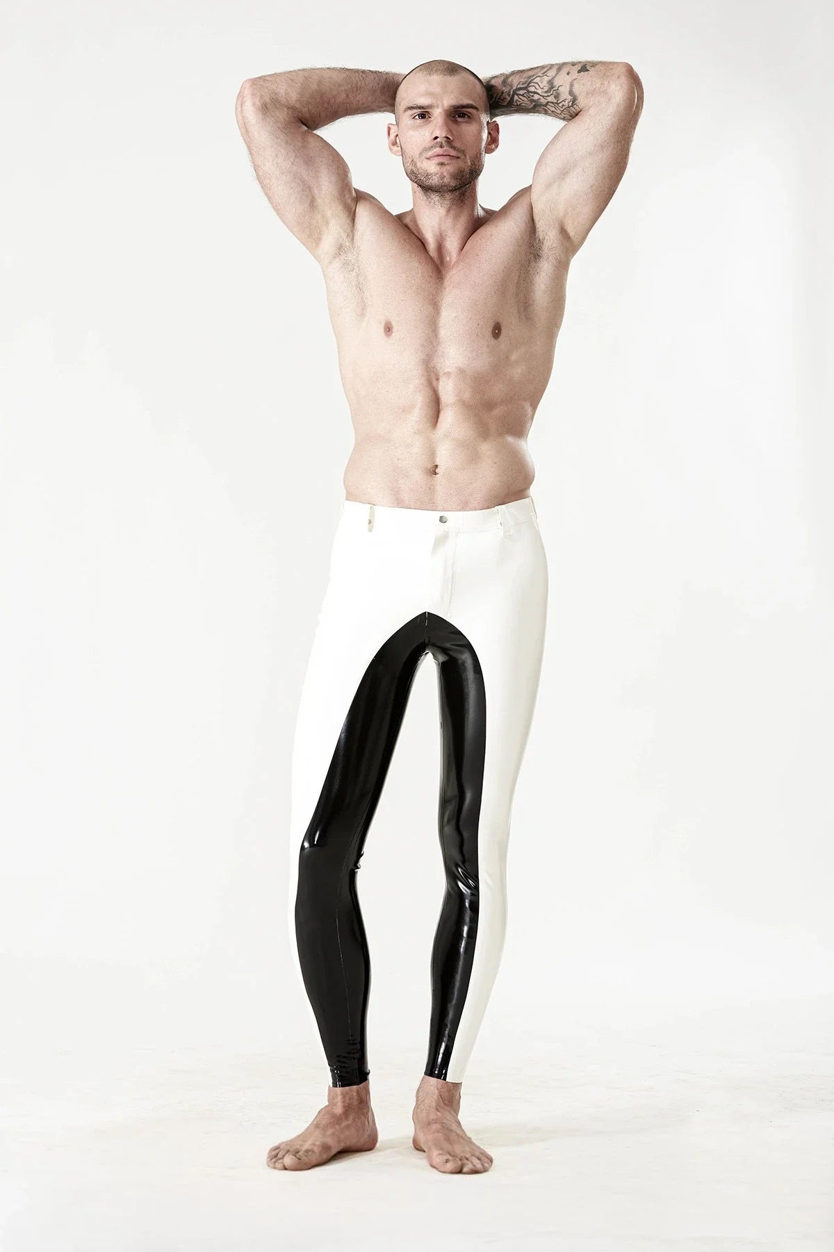 Pure White & Black 'Yin-Yang' Belted Front-Zip Latex Leggings