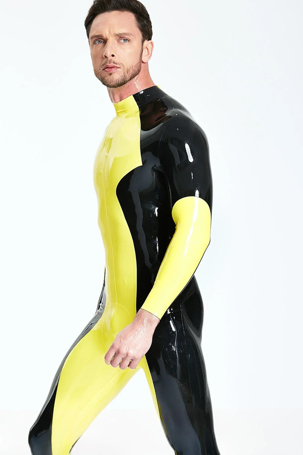 Yellow Black Zig-Zag-Panel Back-Zip Latex Catsuit