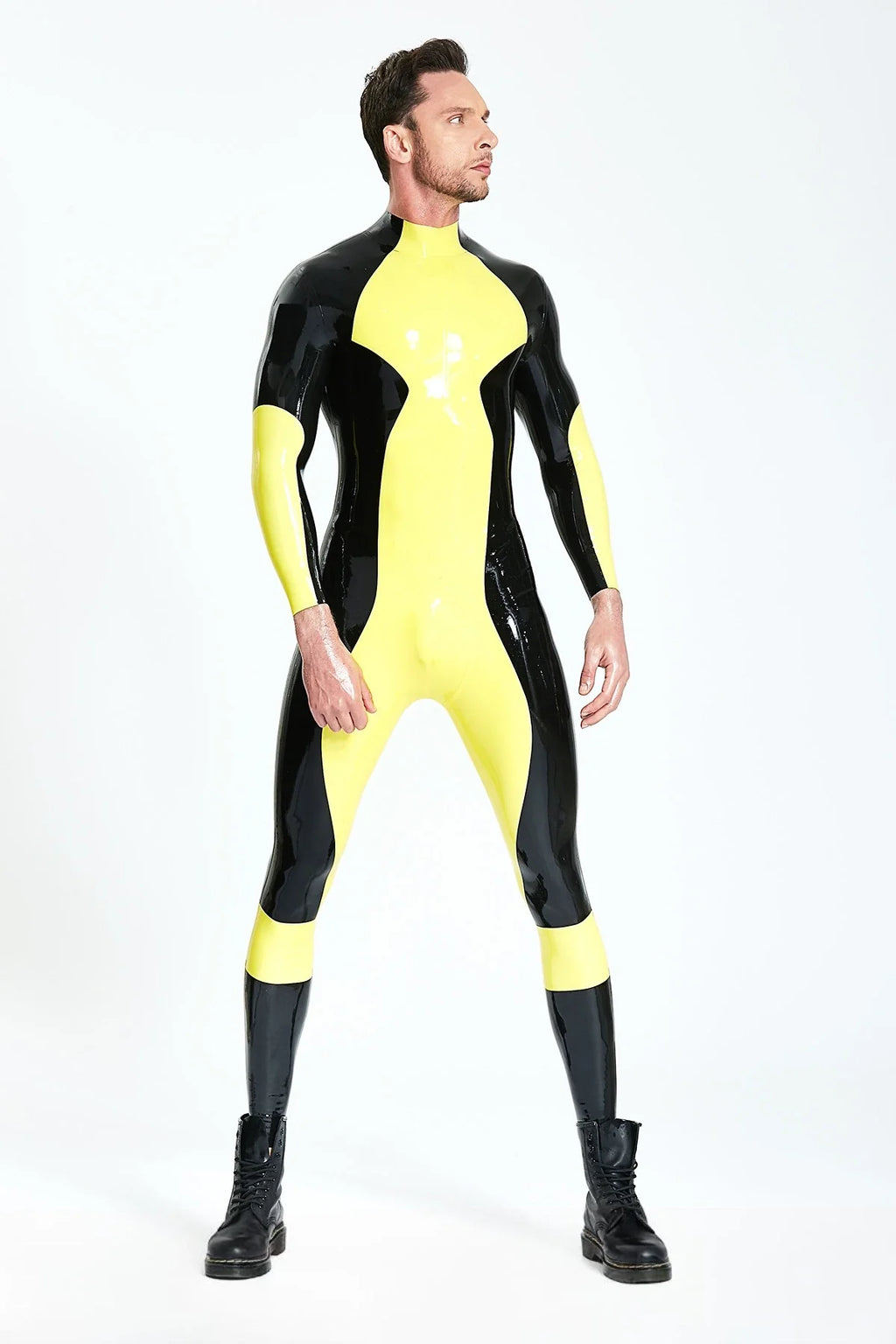 Yellow Black Zig-Zag-Panel Back-Zip Latex Catsuit