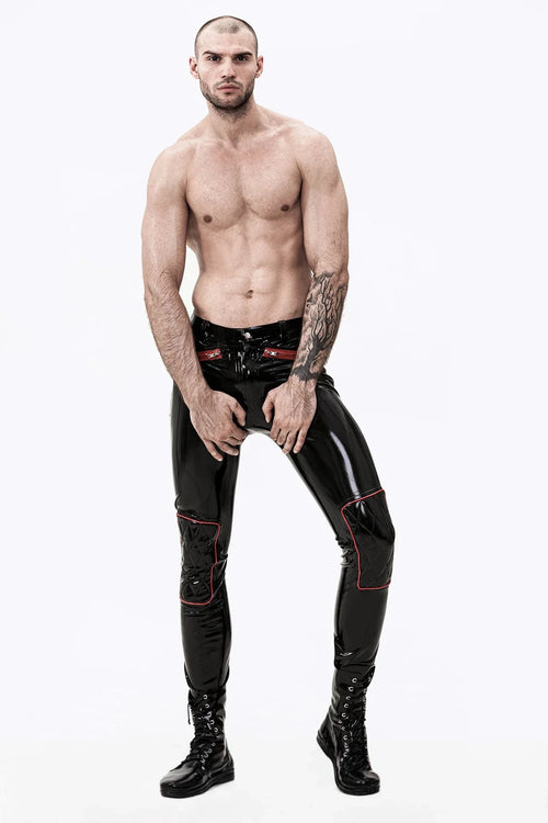 Black & Red Quilted-Knee-Bum Angled-Zip-Pocket Jeans-Flap-Zip Belt-Loop Latex Jeans