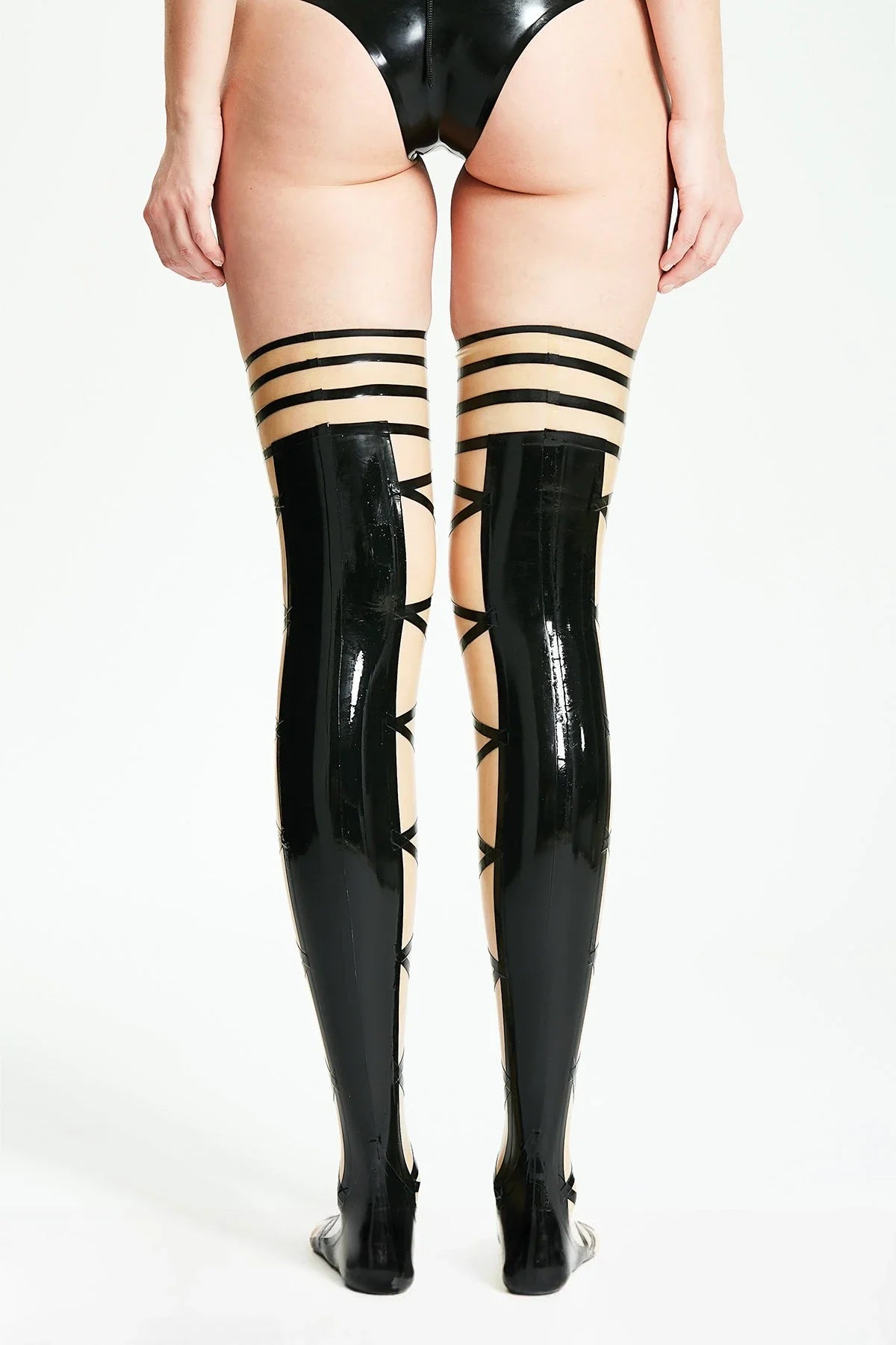 Translucent Natural & Black 'Maypole' Laced Pull-On Latex Stockings