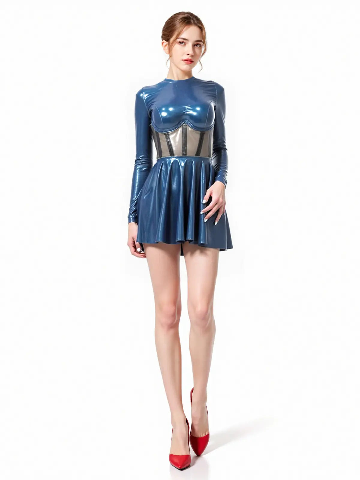 Metallic Blue Transparent-Corset Back-Zip Latex Dress