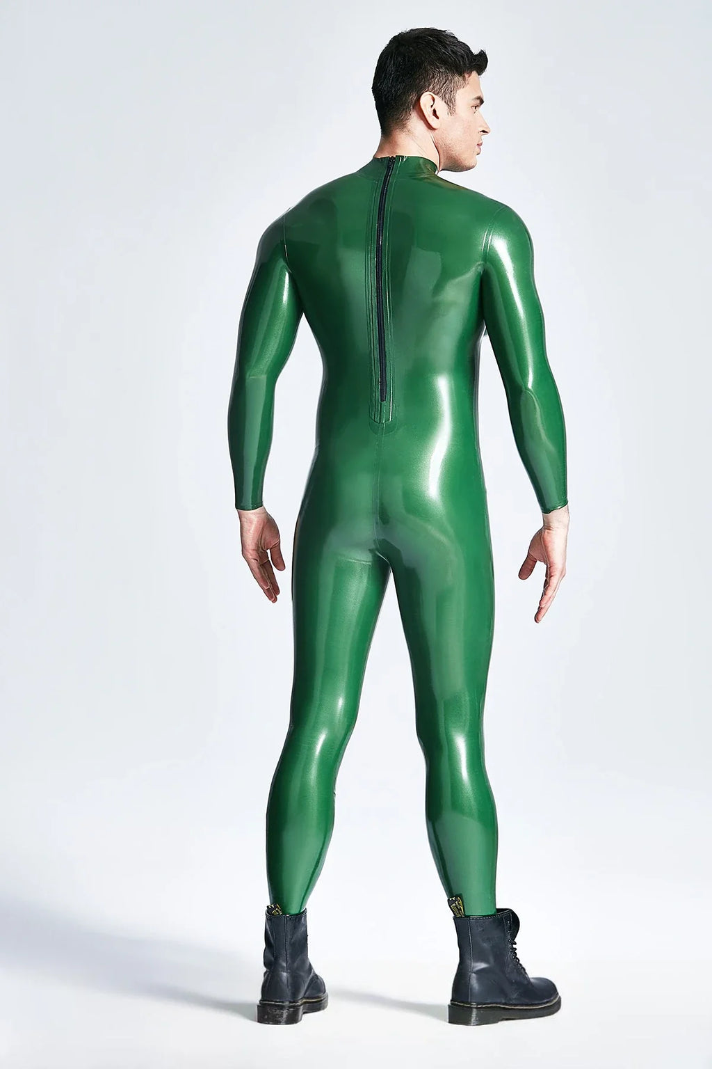 Metallic Green Inflatable-Bust Back-Zip Latex Catsuit