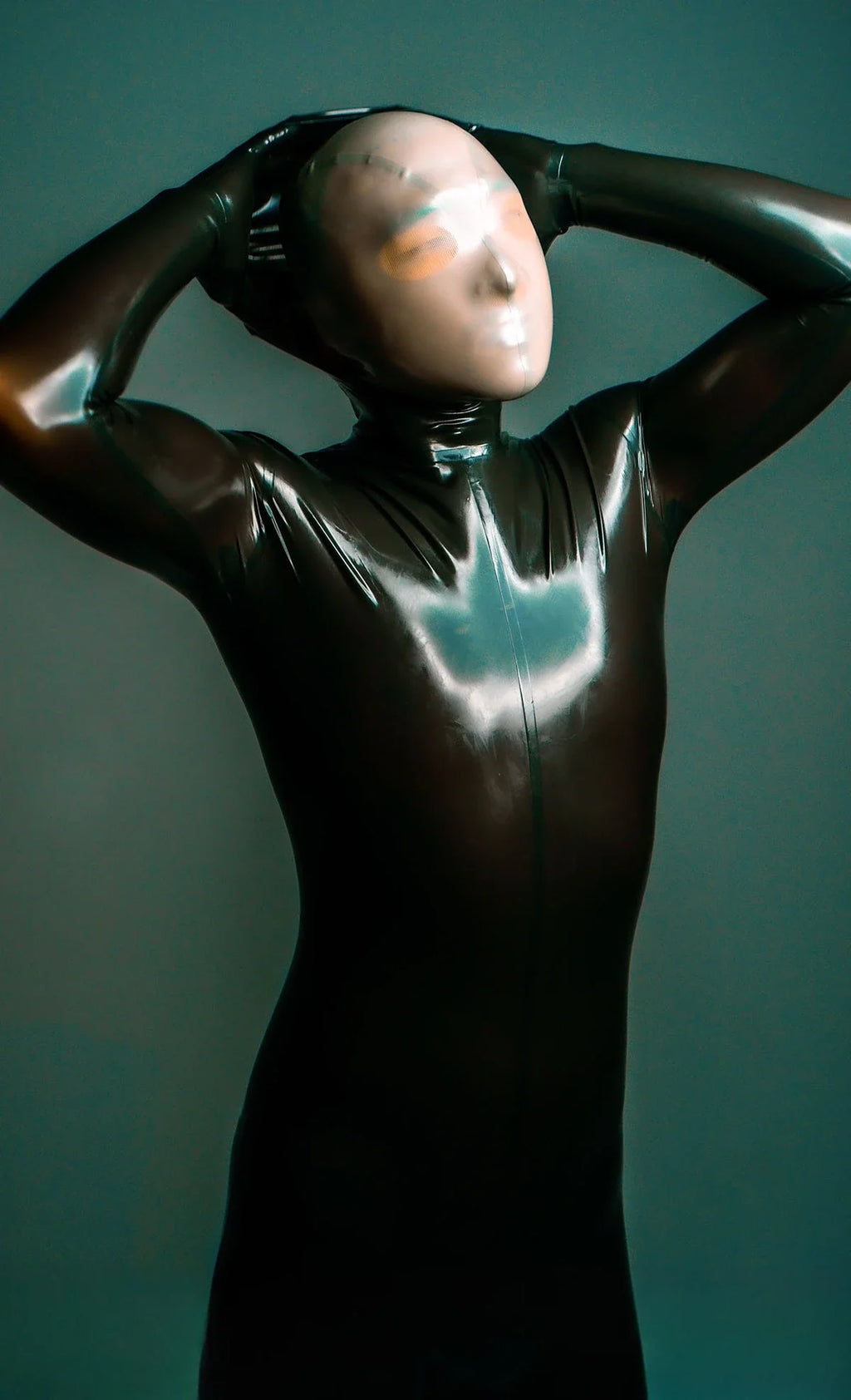 Metallic Pewter Men's Through-Zip Latex Catsuit