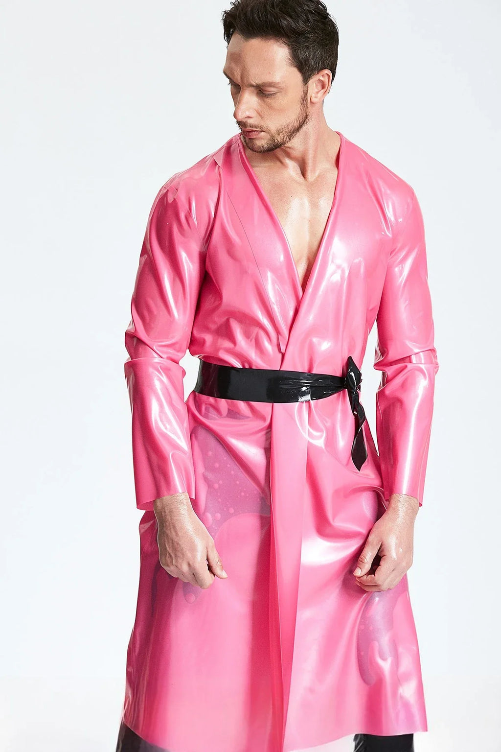 Metallic Pink & Black Collared Belted Latex Dressing Gown