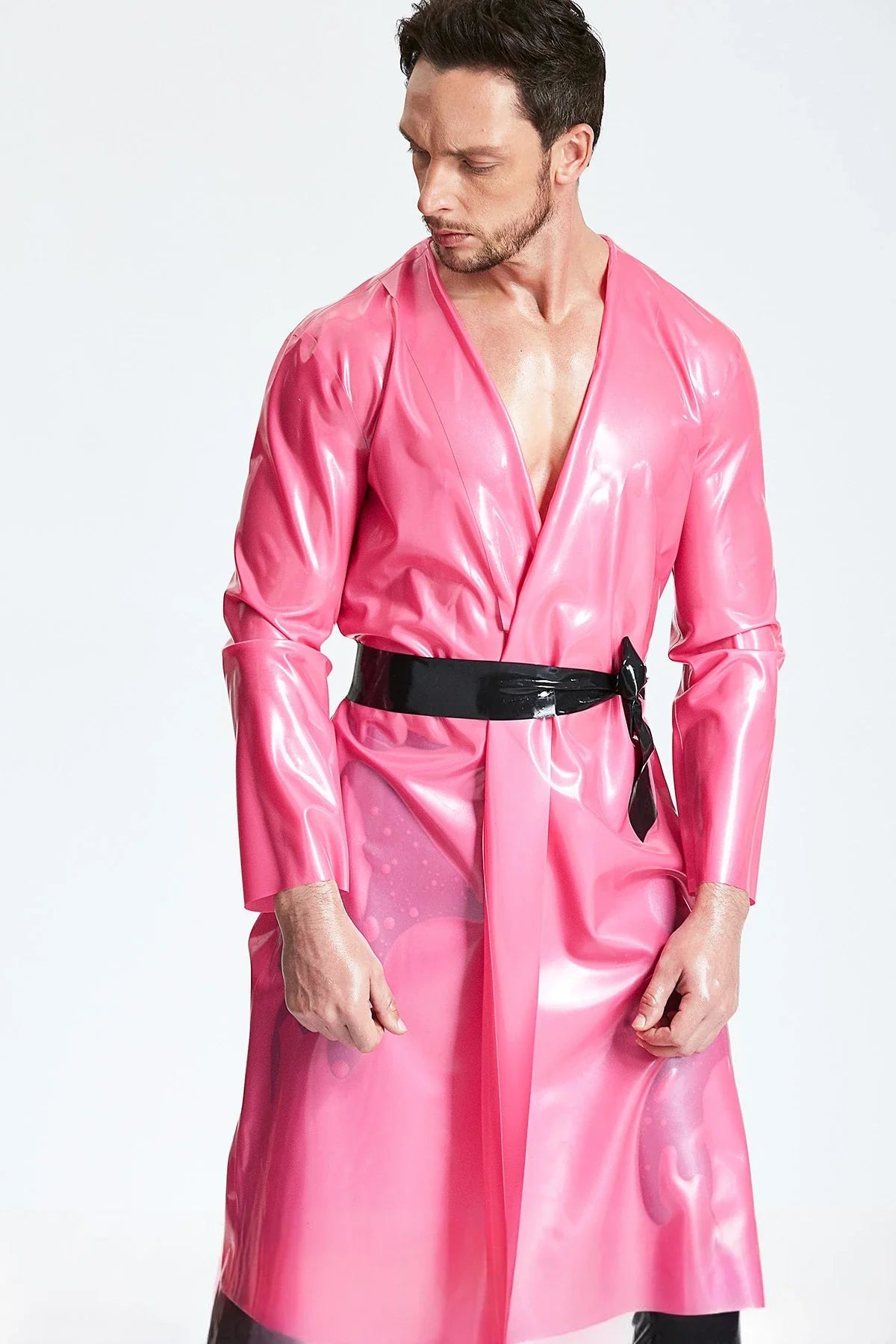 Metallic Pink & Black Collared Belted Latex Dressing Gown