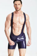 Metallic Purple & Black Classic Y-Back Zipperless Latex Wrestling Suit