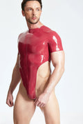 Metallic Red High-Cut Thong Short-Sleeve Back-Zip Latex Bodysuit