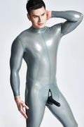 Metallic Silver Attached-Sheath Back-Zip Through-Zip Latex Catsuit
