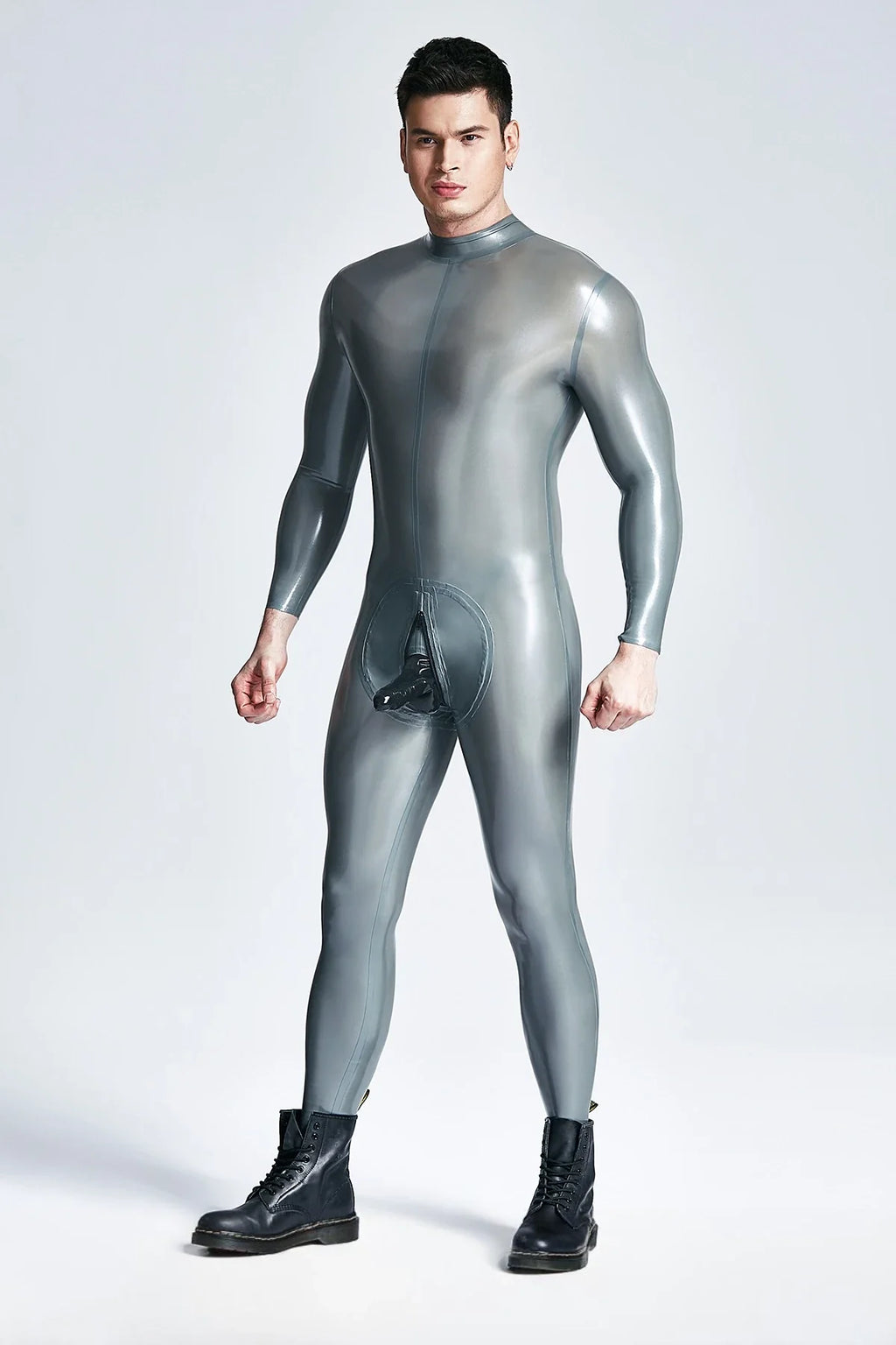 Metallic Silver Attached-Sheath Back-Zip Through-Zip Latex Catsuit