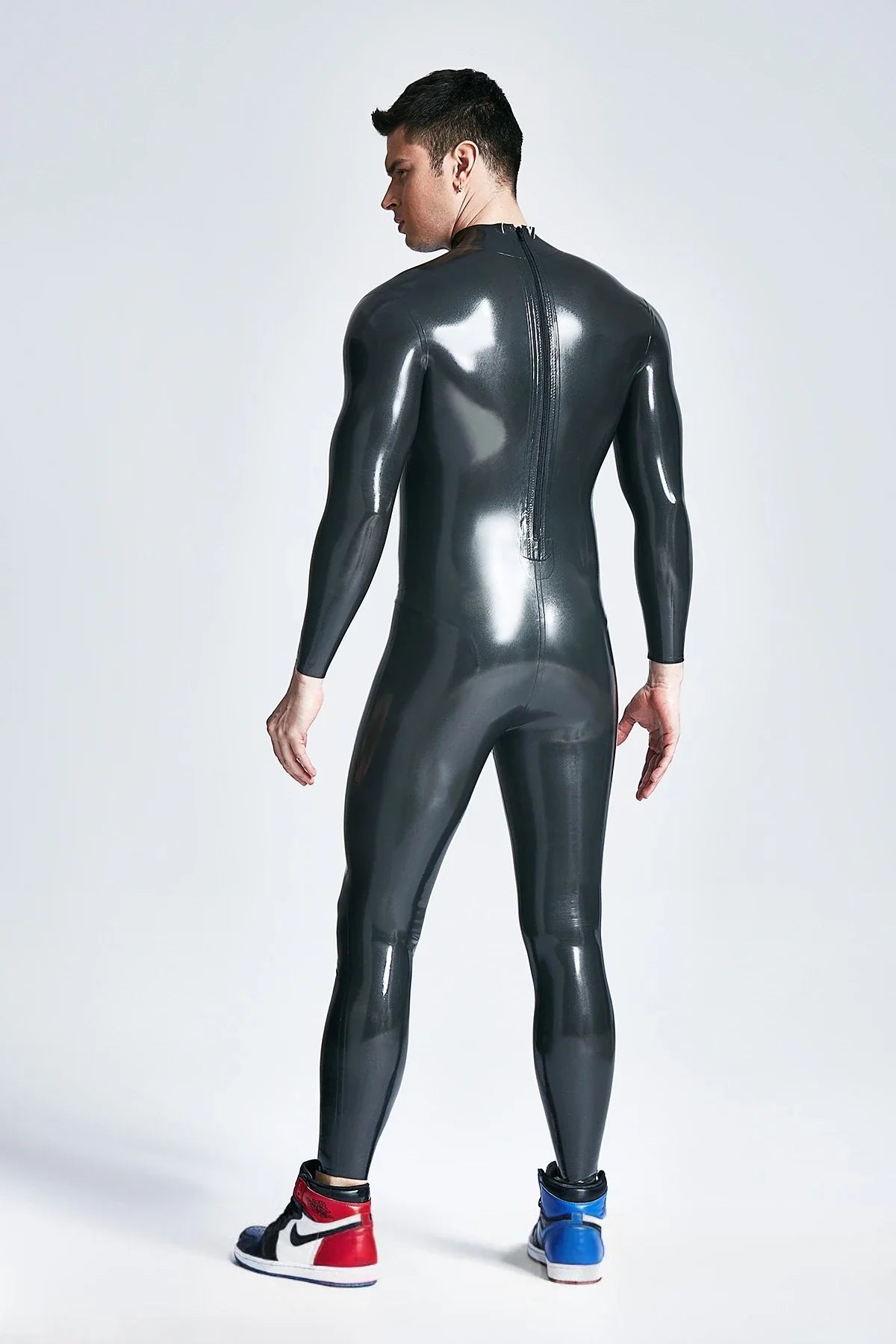 Metallic Silver Attached-Sheath Back-Zip Through-Zip Latex Catsuit