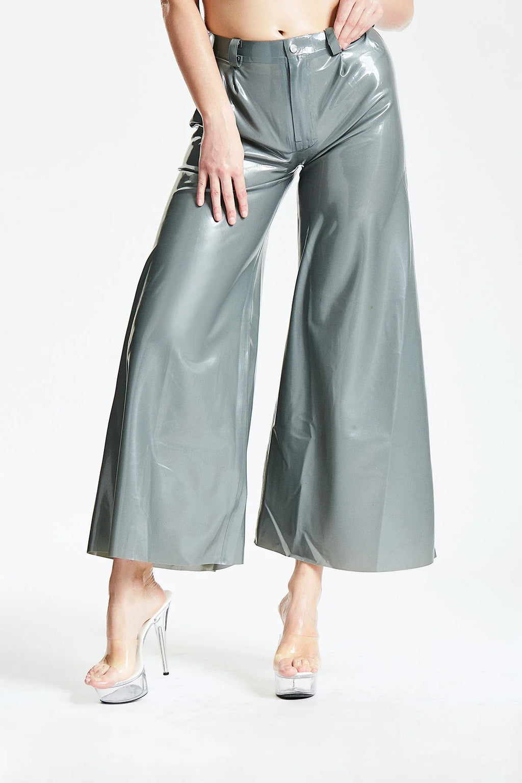 Metallic Silver Wide-Flared Belt-Loop Front-Zip Latex Pants
