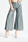 Metallic Silver Wide-Flared Belt-Loop Front-Zip Latex Pants
