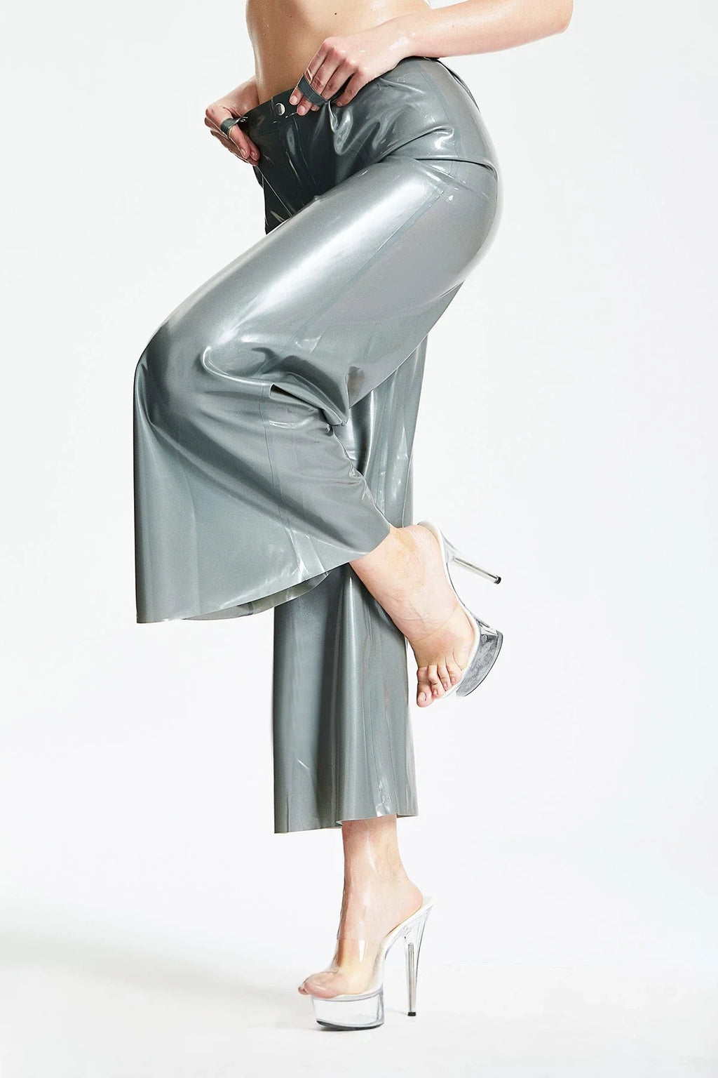 Metallic Silver Wide-Flared Belt-Loop Front-Zip Latex Pants