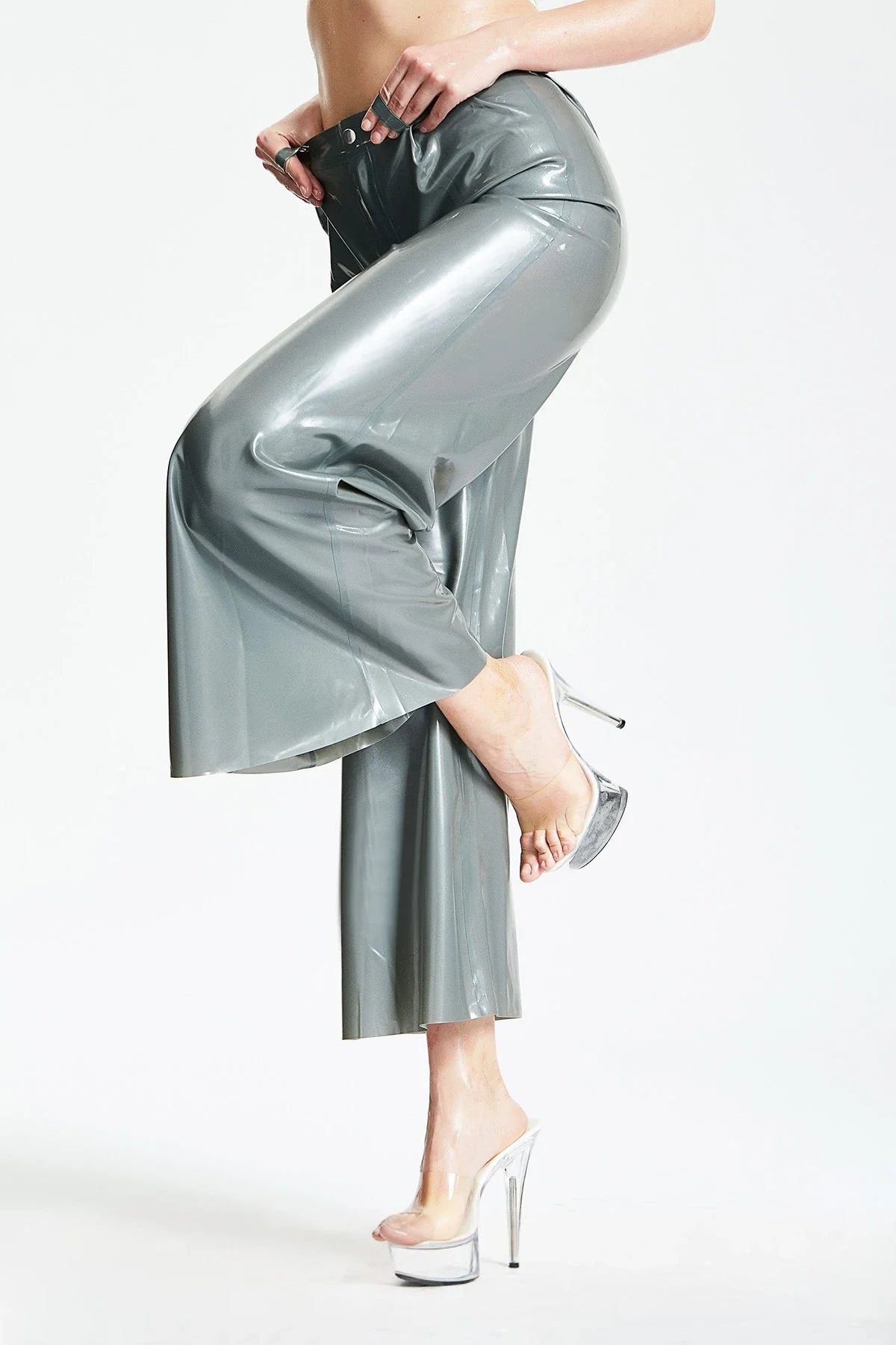Metallic Silver Wide-Flared Belt-Loop Front-Zip Latex Pants