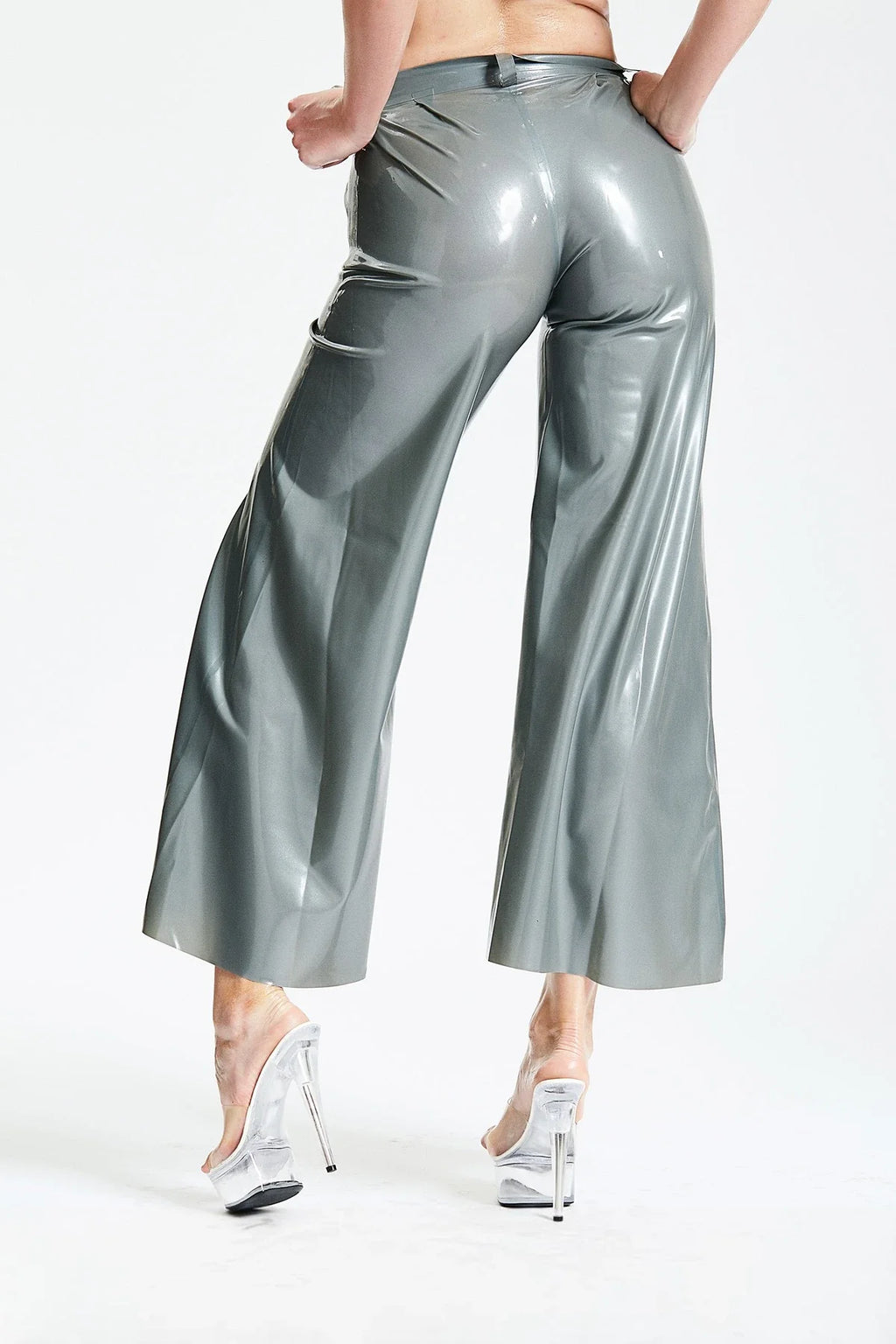 Metallic Silver Wide-Flared Belt-Loop Front-Zip Latex Pants