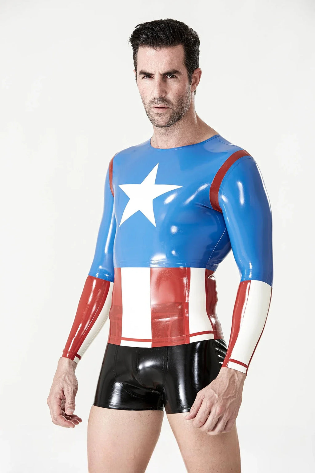 Middle Blue, Red & White Captain A Star-Chest Wide-Neck Panel-Sleeve Tapered Long-Sleeve Latex T-Shirt