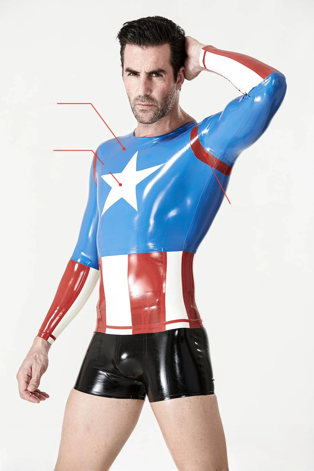 Middle Blue, Red & White Captain A Star-Chest Wide-Neck Panel-Sleeve Tapered Long-Sleeve Latex T-Shirt