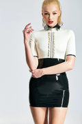 White Black Frilled-Collar Striped Back-Zip Latex Micro Dress