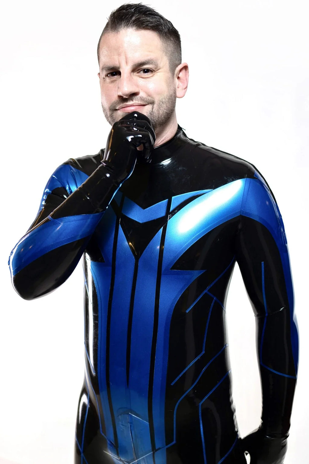Black & Metallic Blue Men's 'Night-wing Tron' Shoulder-Zip Latex Catsuit