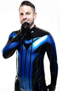 Black & Metallic Blue Men's 'Night-wing Tron' Shoulder-Zip Latex Catsuit