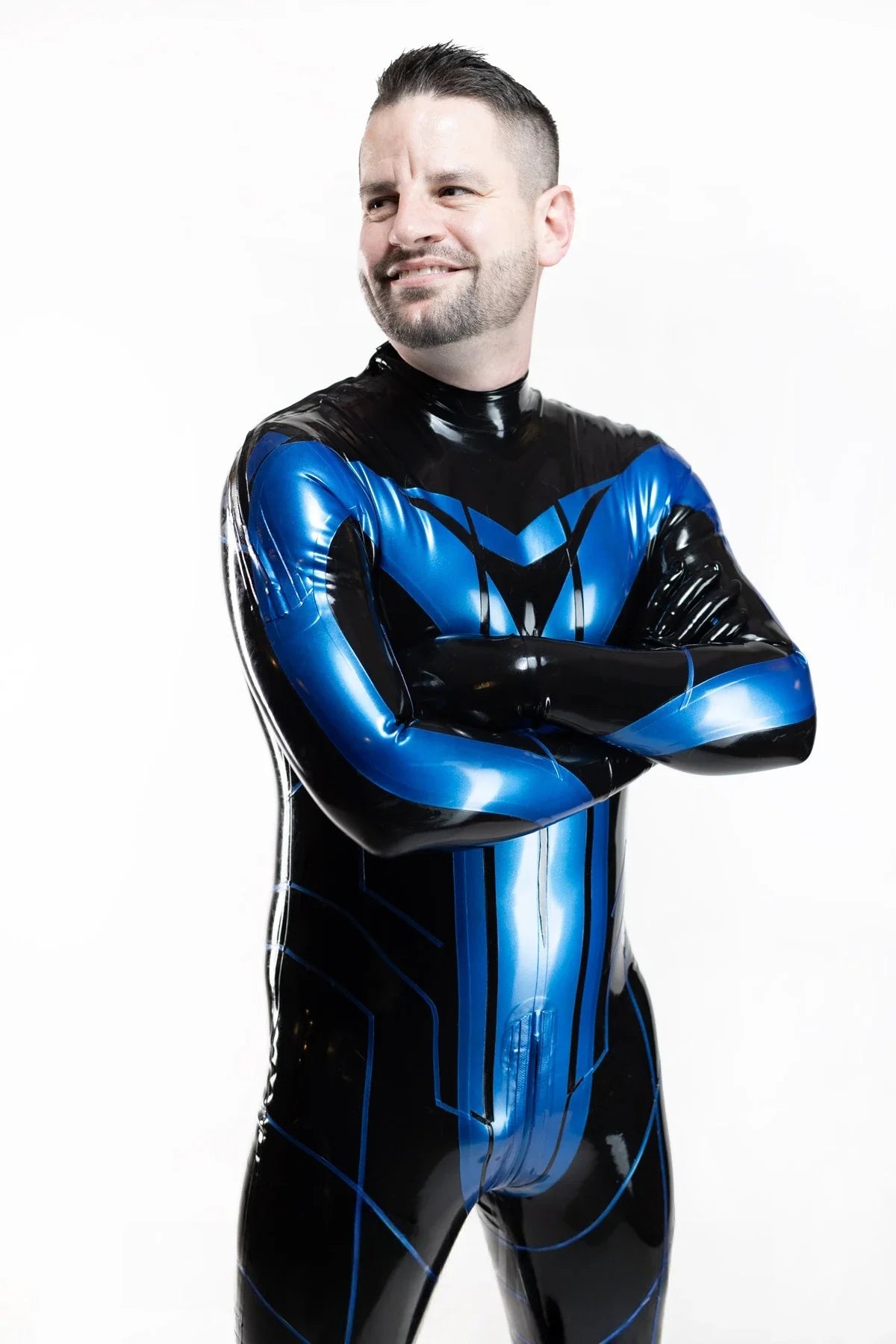 Black & Metallic Blue Men's 'Night-wing Tron' Shoulder-Zip Latex Catsuit