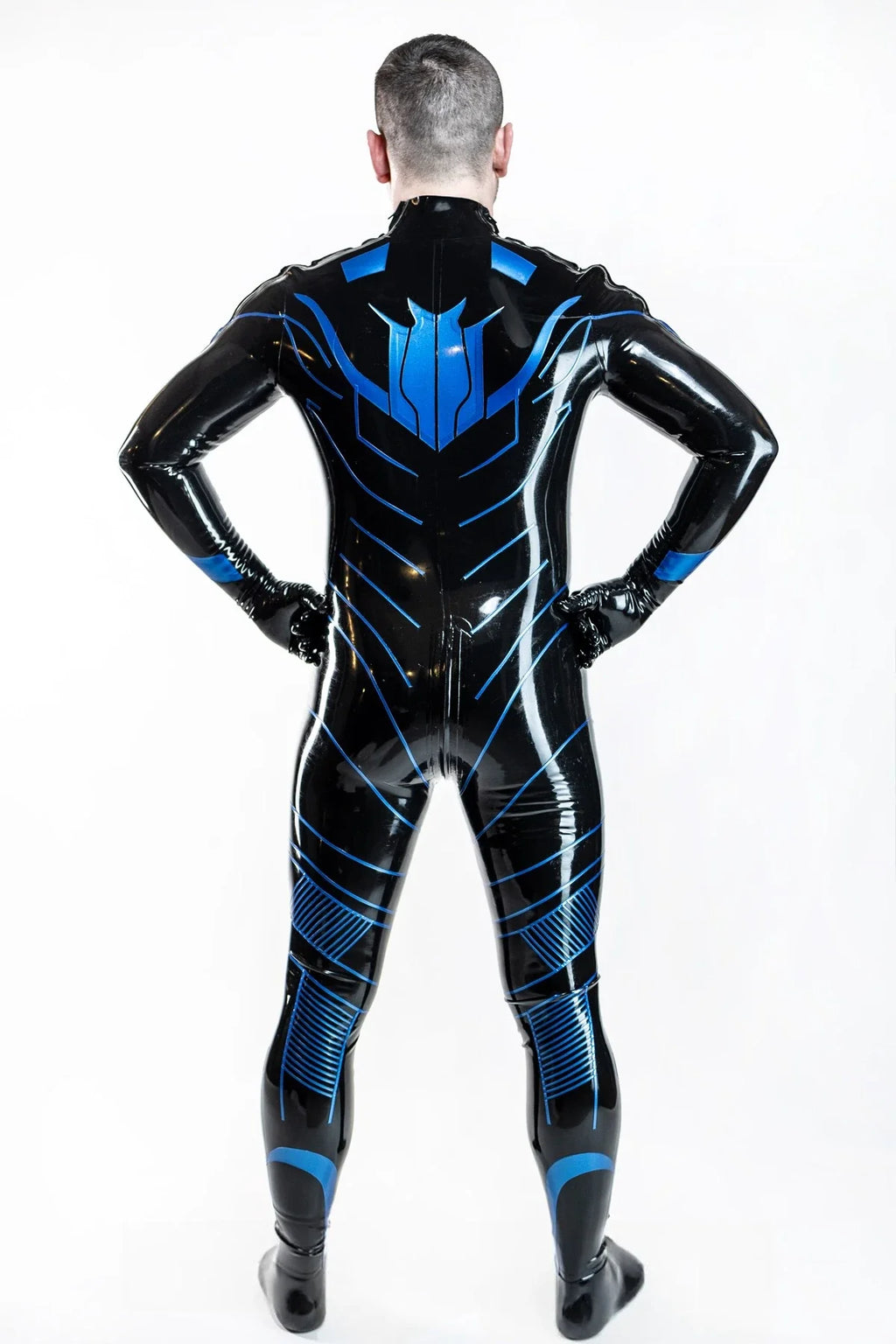 Black & Metallic Blue Men's 'Night-wing Tron' Shoulder-Zip Latex Catsuit