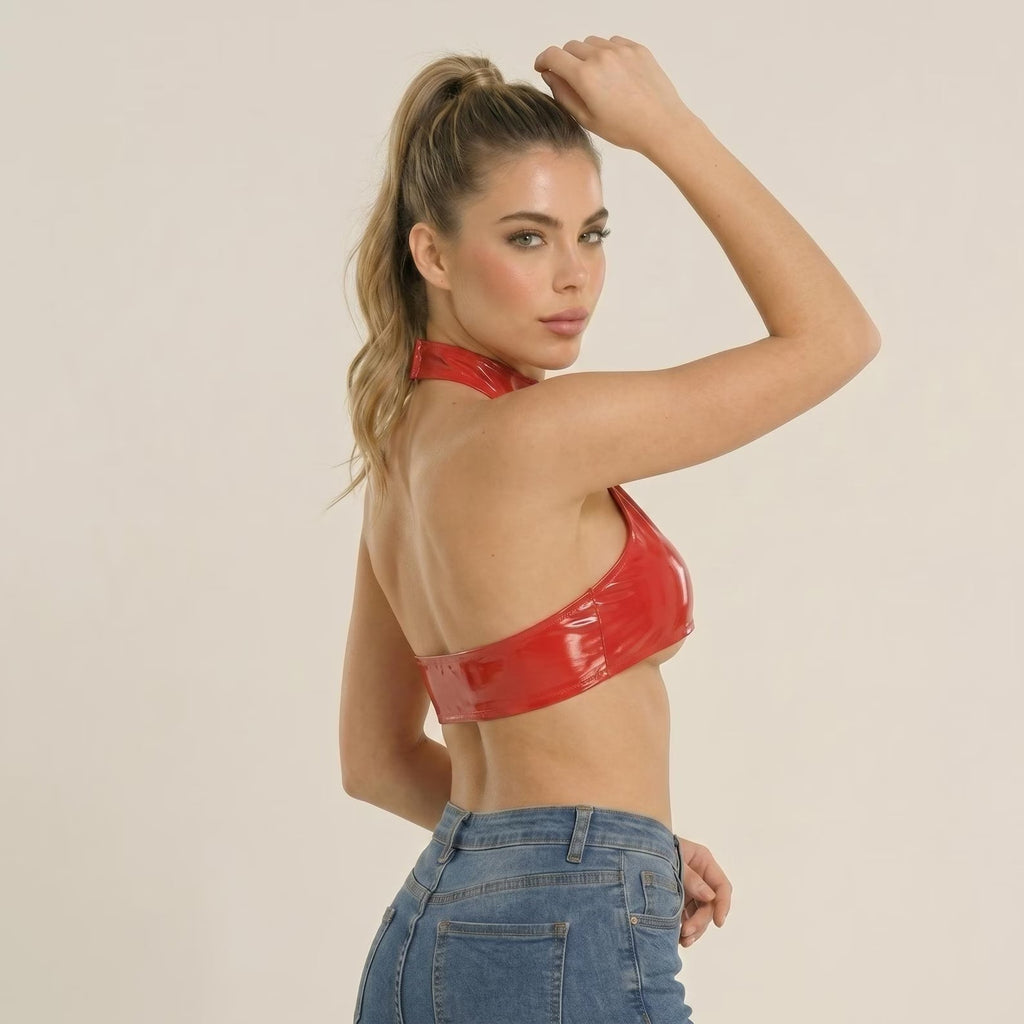 Red O-Ring Halter Open-Back Latex Top