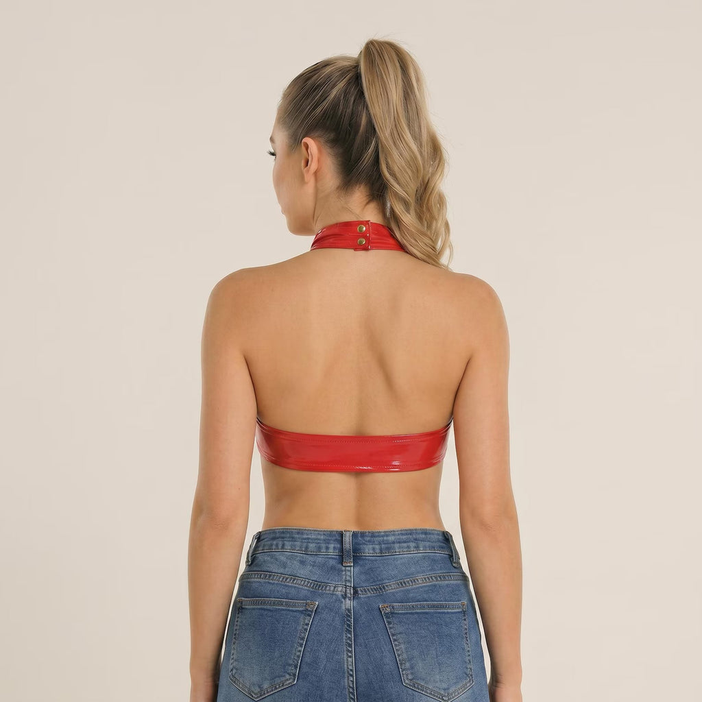 Red O-Ring Halter Open-Back Latex Top