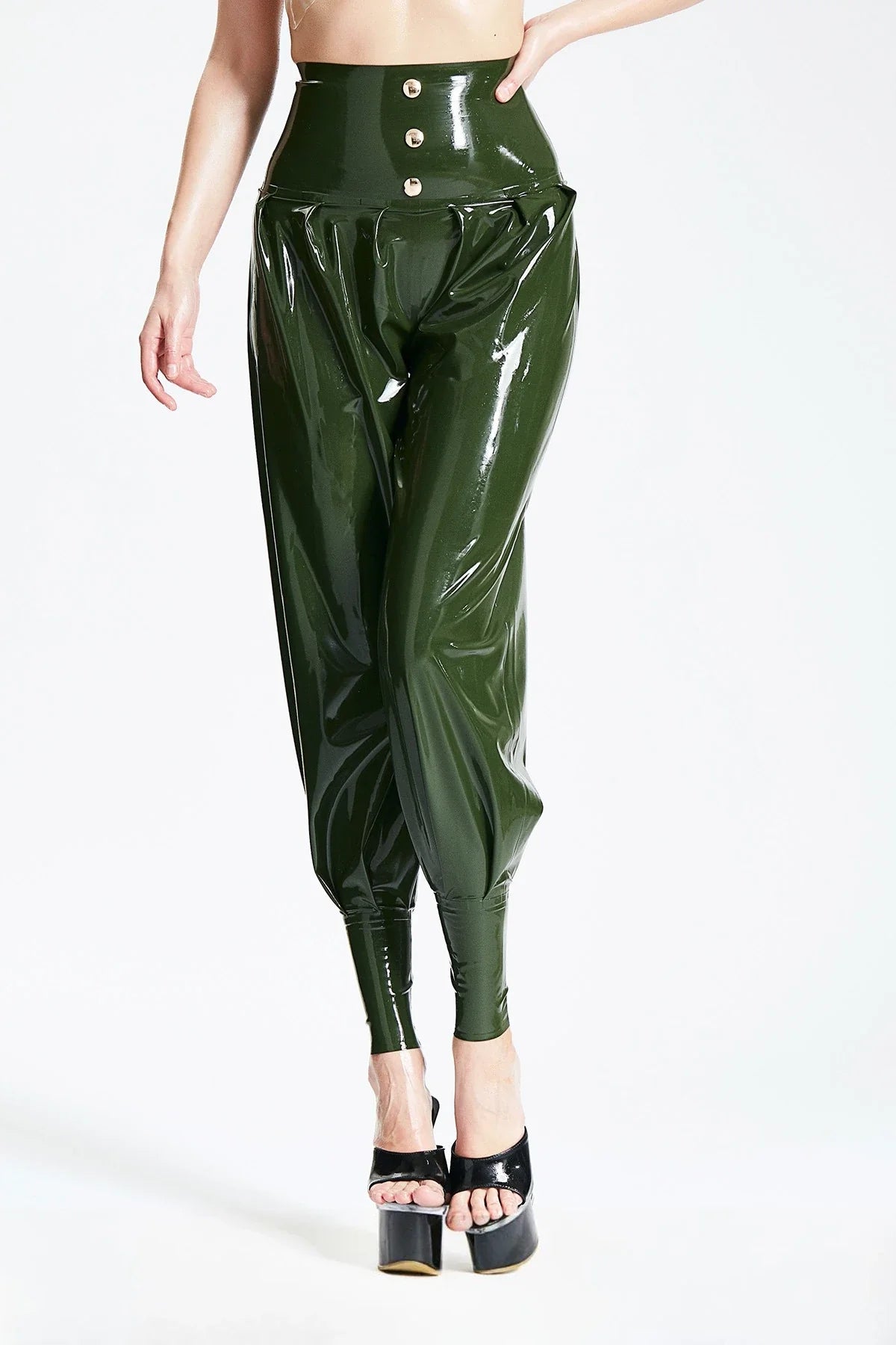 Olive Green High-Waisted Studded Pull-On Latex Harem Pants