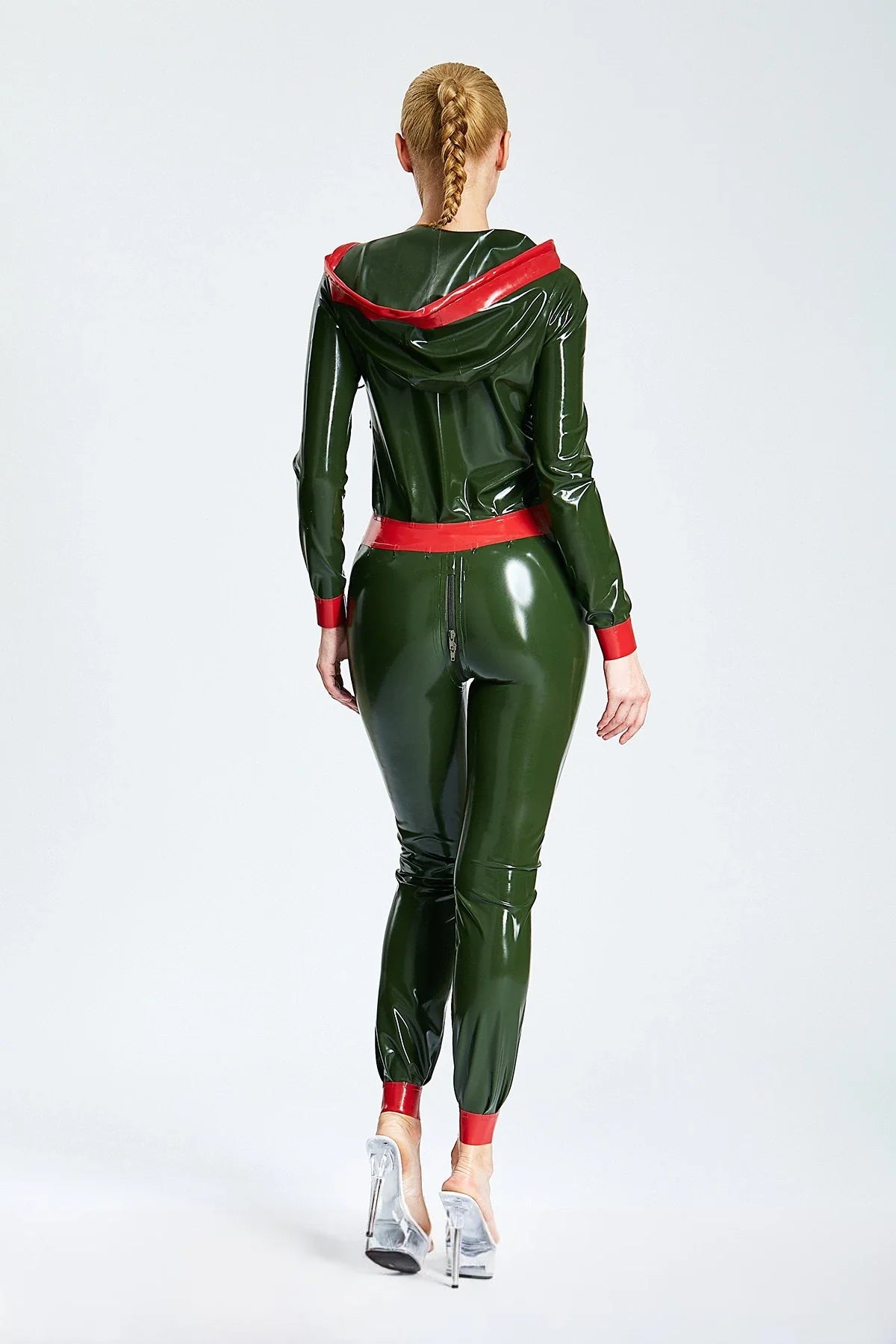 Olive Green & Red Hooded Loose-Fit Through-Zip Latex Catsuit