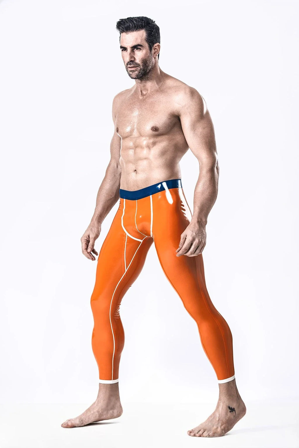 Orange White Dark-Blue Contrast-Trim Tight-Fit Latex Leggings