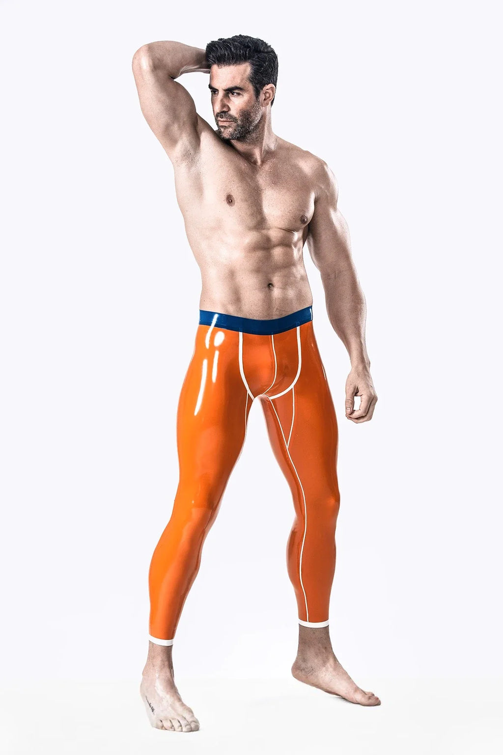 Orange White Dark-Blue Contrast-Trim Tight-Fit Latex Leggings