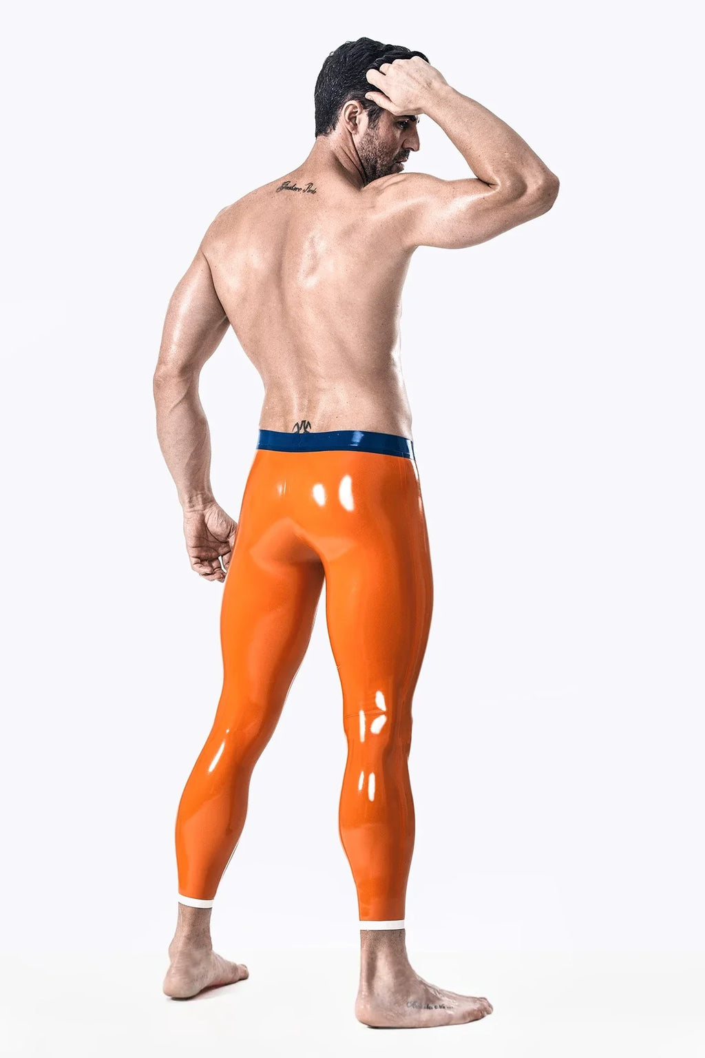 Orange White Dark-Blue Contrast-Trim Tight-Fit Latex Leggings