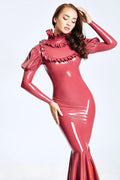Plum Frilled Princess Flared Back-Zip Latex Dress