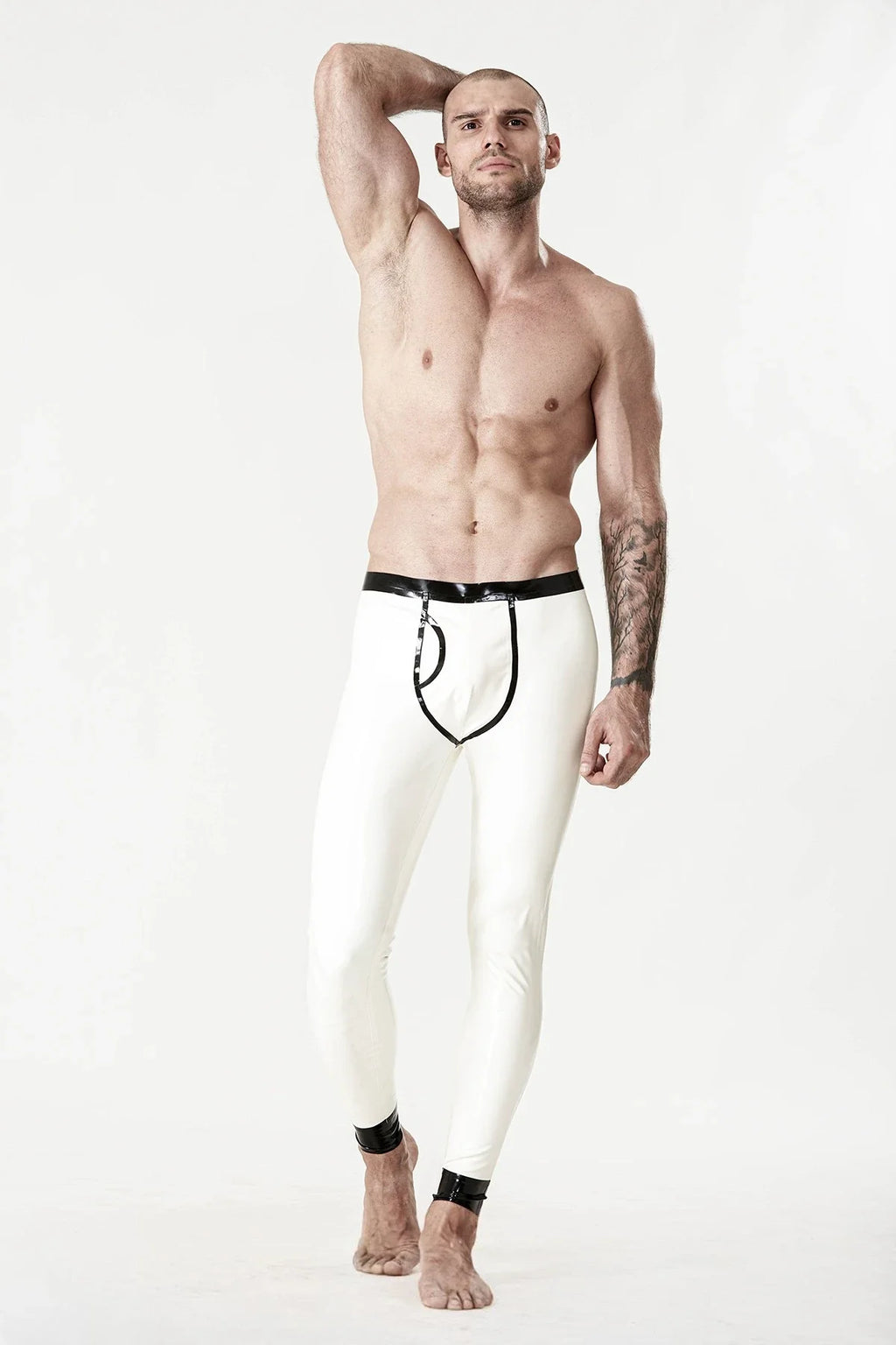 Pure White Black-Trim Pouch Low-Waist Optional-Bum-Zip Latex Leggings