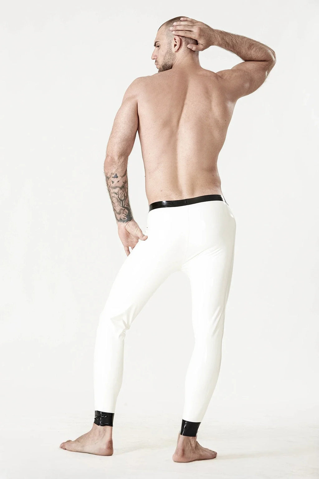 Pure White Black-Trim Pouch Low-Waist Optional-Bum-Zip Latex Leggings