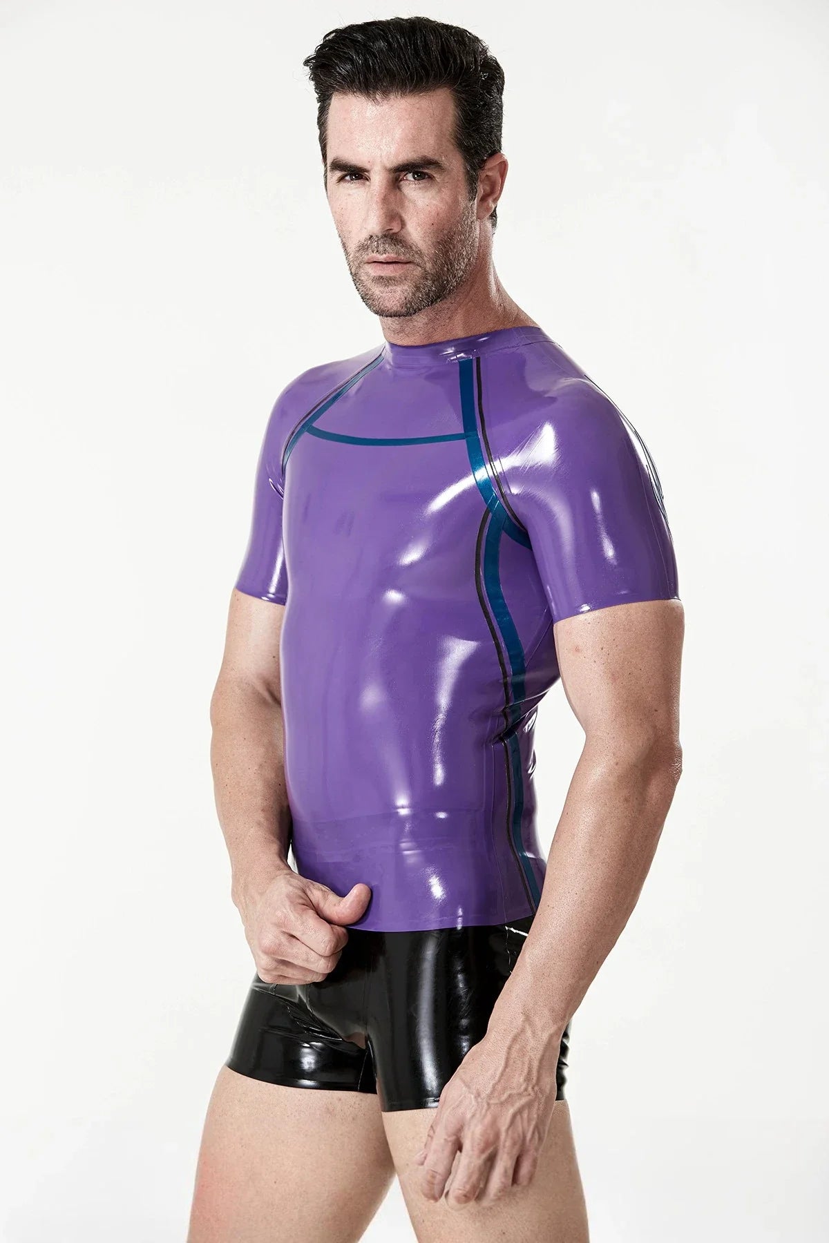 Purple, Metallic Blue & Black Stripe-Front Bicep-Sleeve Tapered No-Zip Athletic Latex T-Shirt