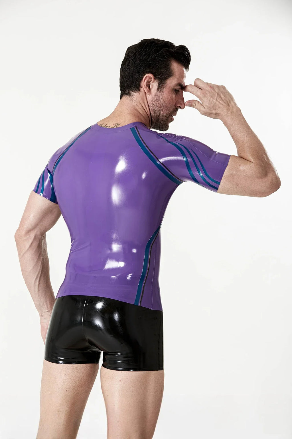 Purple, Metallic Blue & Black Stripe-Front Bicep-Sleeve Tapered No-Zip Athletic Latex T-Shirt