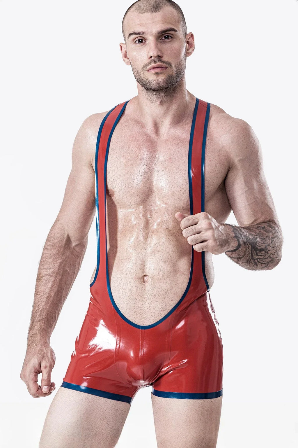 Red & Metallic Blue Open-Bum Y-Back Zipperless Latex Wrestling Suit