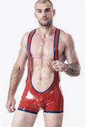 Red & Metallic Blue Open-Bum Y-Back Zipperless Latex Wrestling Suit
