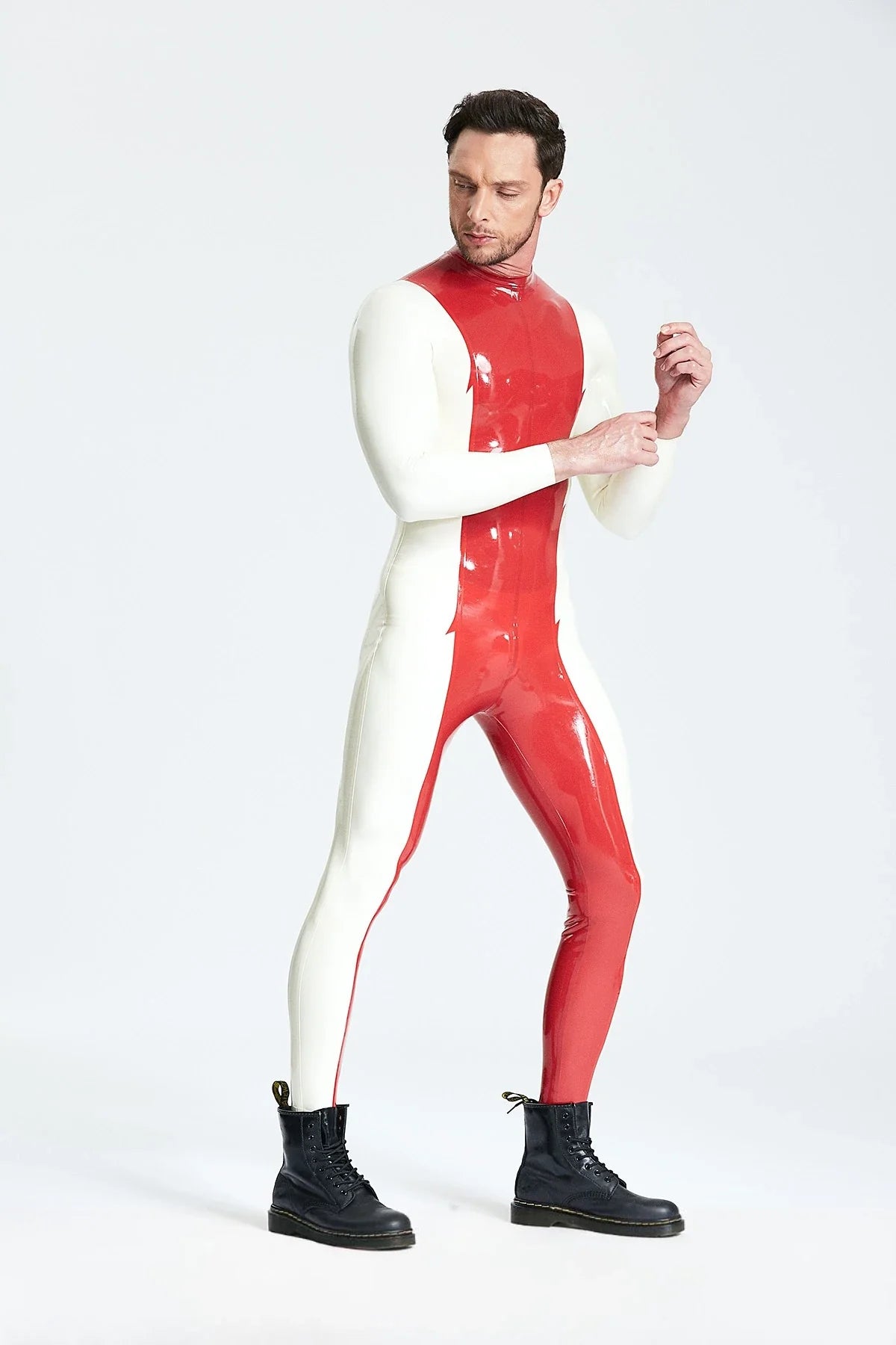 Red White Mr-Jagger Jagged-Panel Back-Zip Latex Catsuit