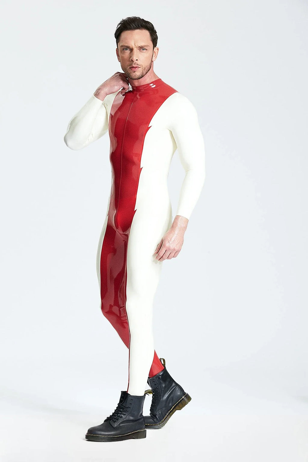 Red White Mr-Jagger Jagged-Panel Back-Zip Latex Catsuit