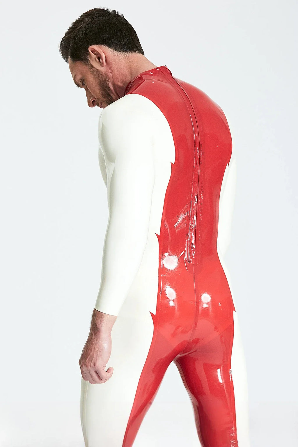 Red White Mr-Jagger Jagged-Panel Back-Zip Latex Catsuit