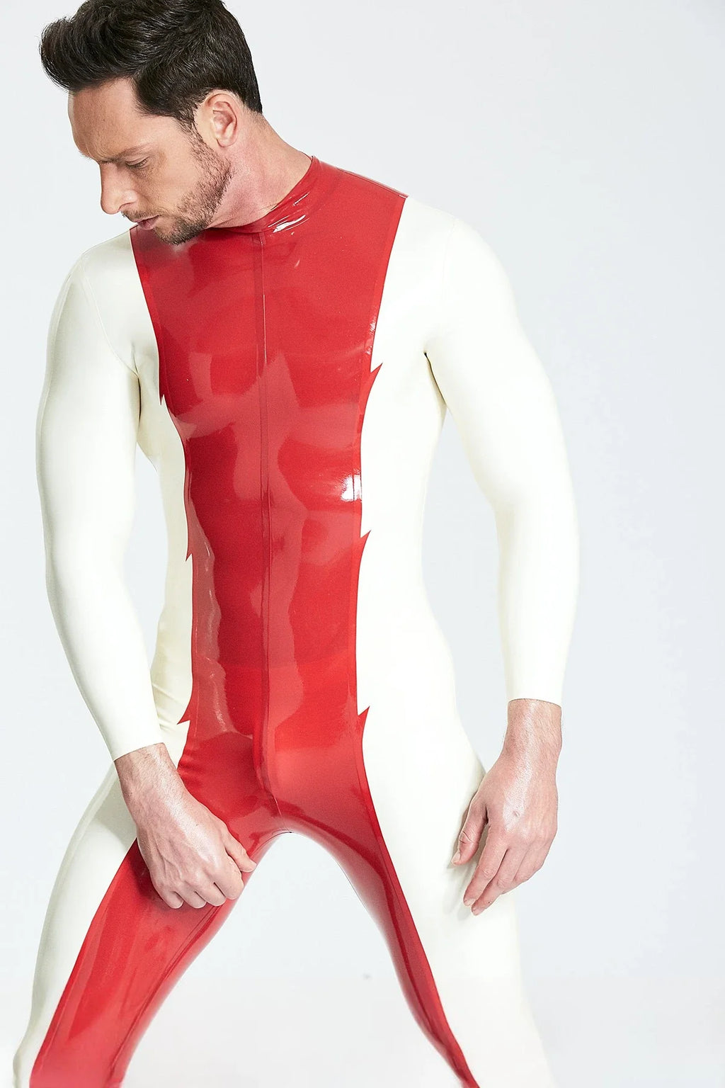 Red White Mr-Jagger Jagged-Panel Back-Zip Latex Catsuit
