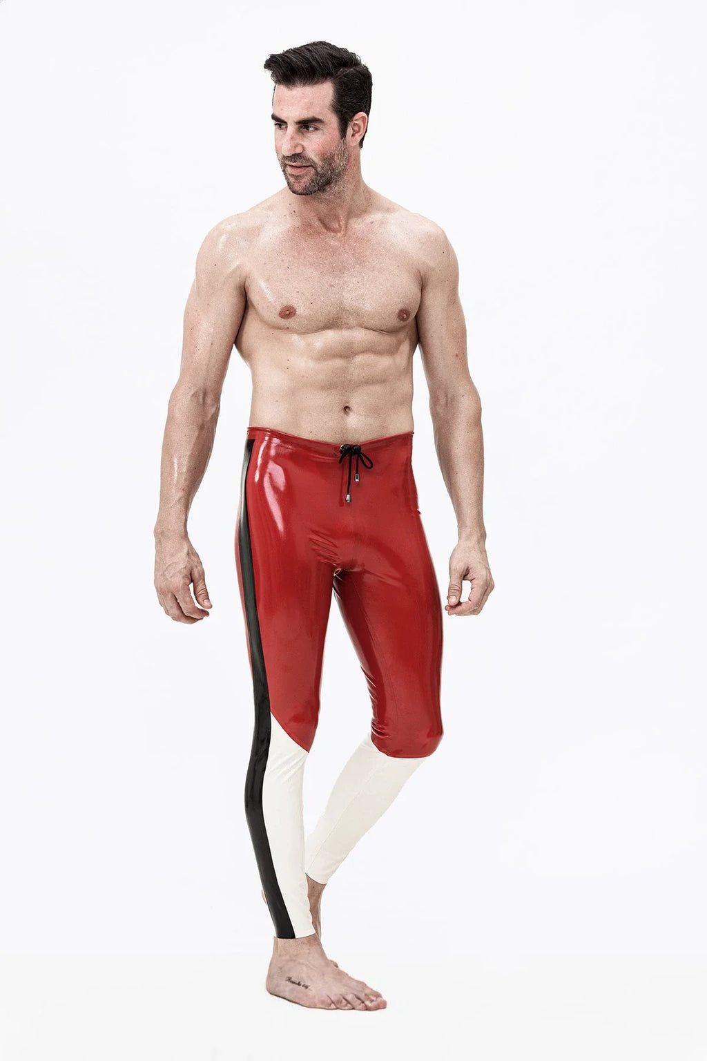 Red, White & Black Tri-Way Three-Panel Drawstring-Waist No-Zip Ankle Latex Leggings