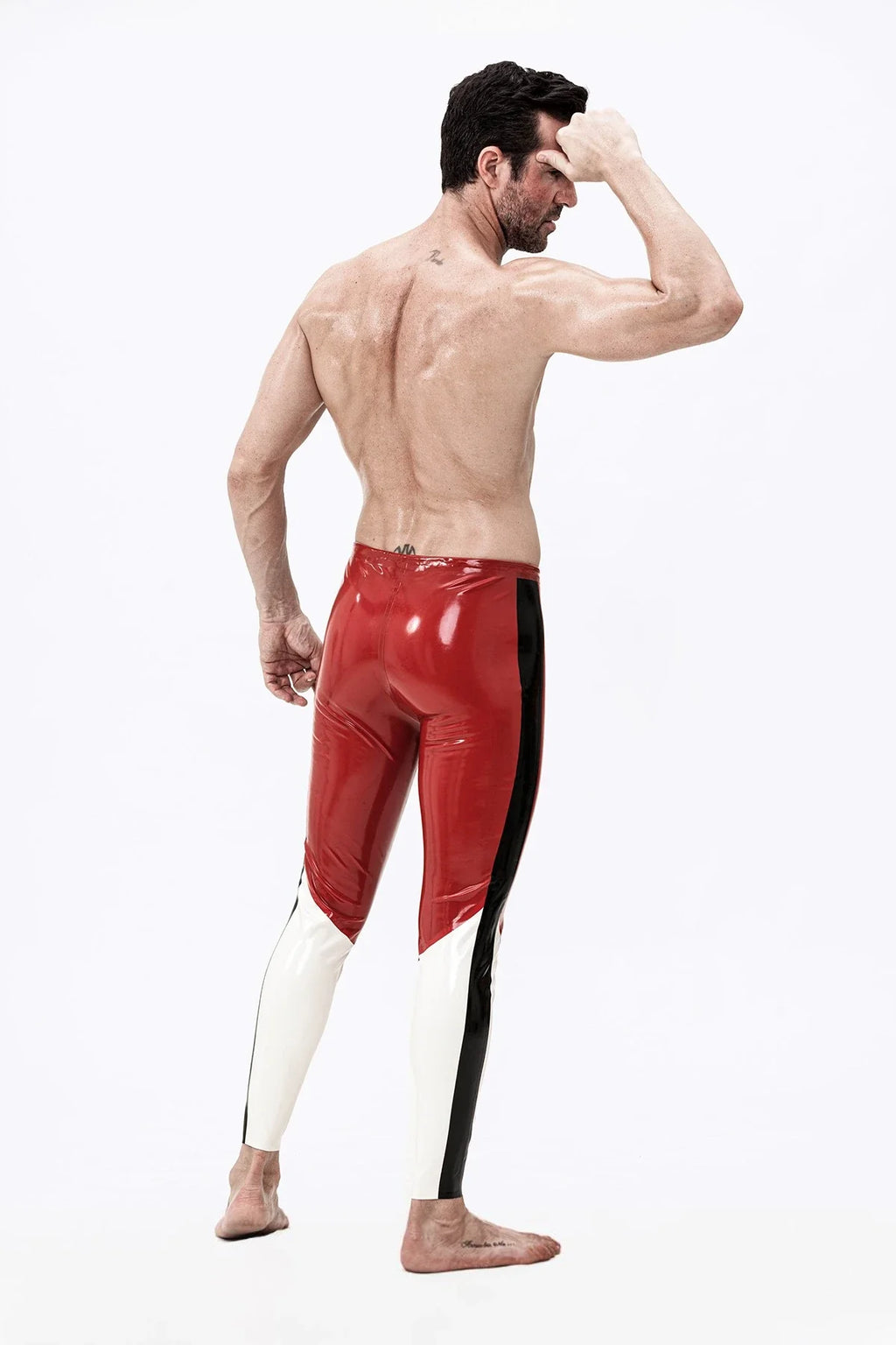 Red, White & Black Tri-Way Three-Panel Drawstring-Waist No-Zip Ankle Latex Leggings